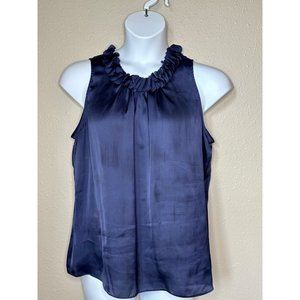 Anne Klein Silky Lightweight Top with Ruffled Neck in Dark Blue Size XL